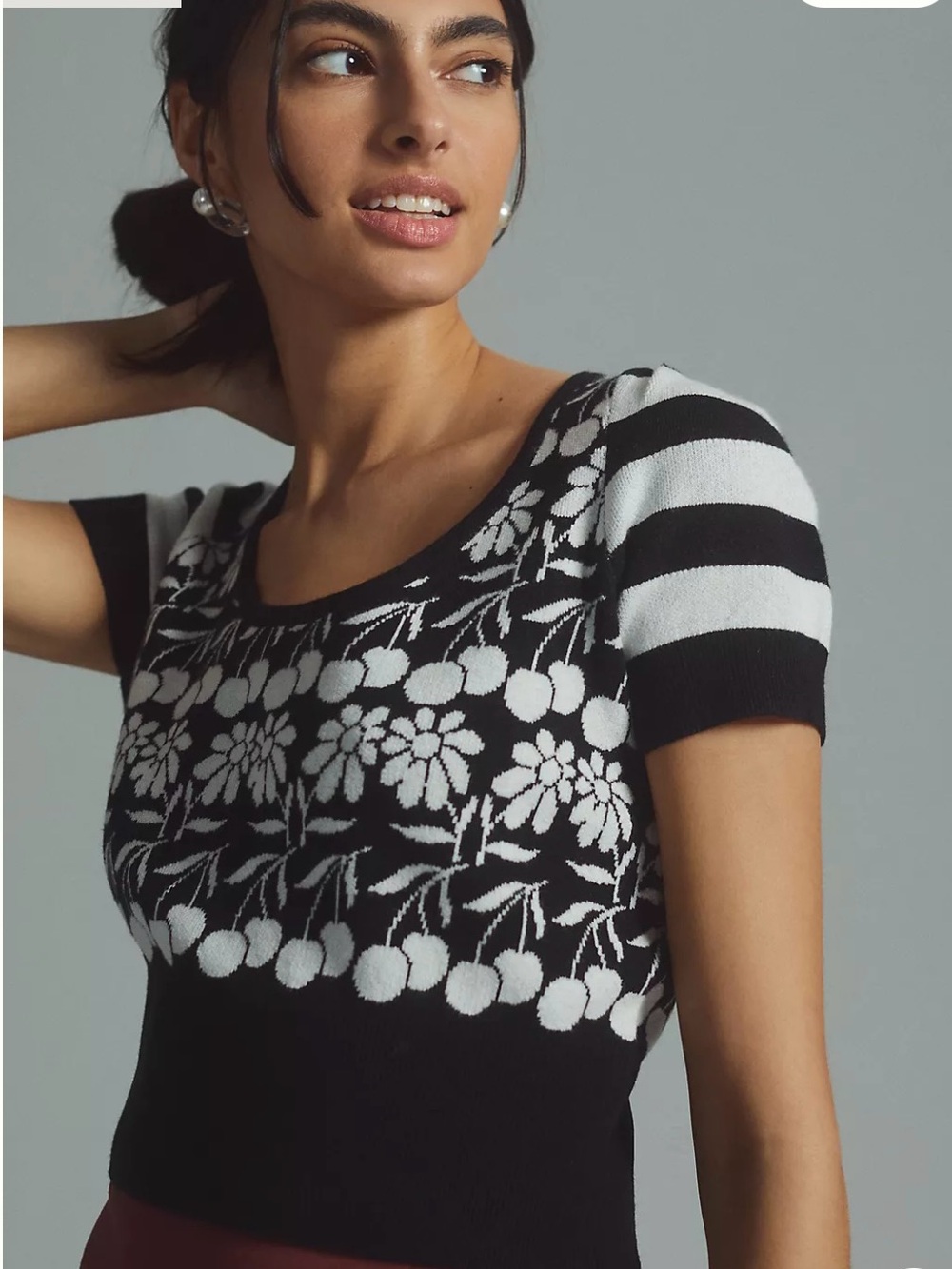 Anthropologie Black and White Floral Jacquard Crop Top